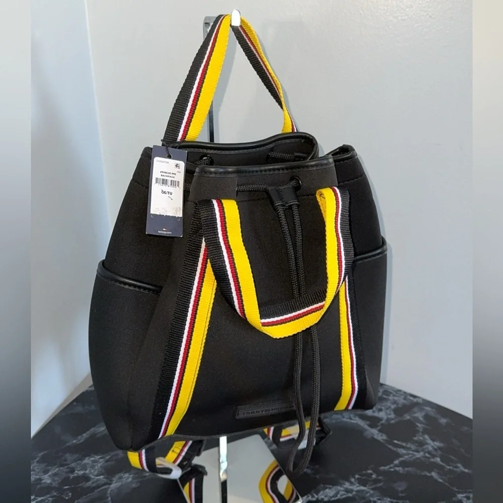 Tommy Hilfiger Drawstring Backpack Black Yellow Multicolored Strap AUTHENTIC NEW